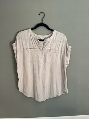 Lucky Brand Beige V-Neck Blouse Large Lightweight Rolled Sleeve Casual Top